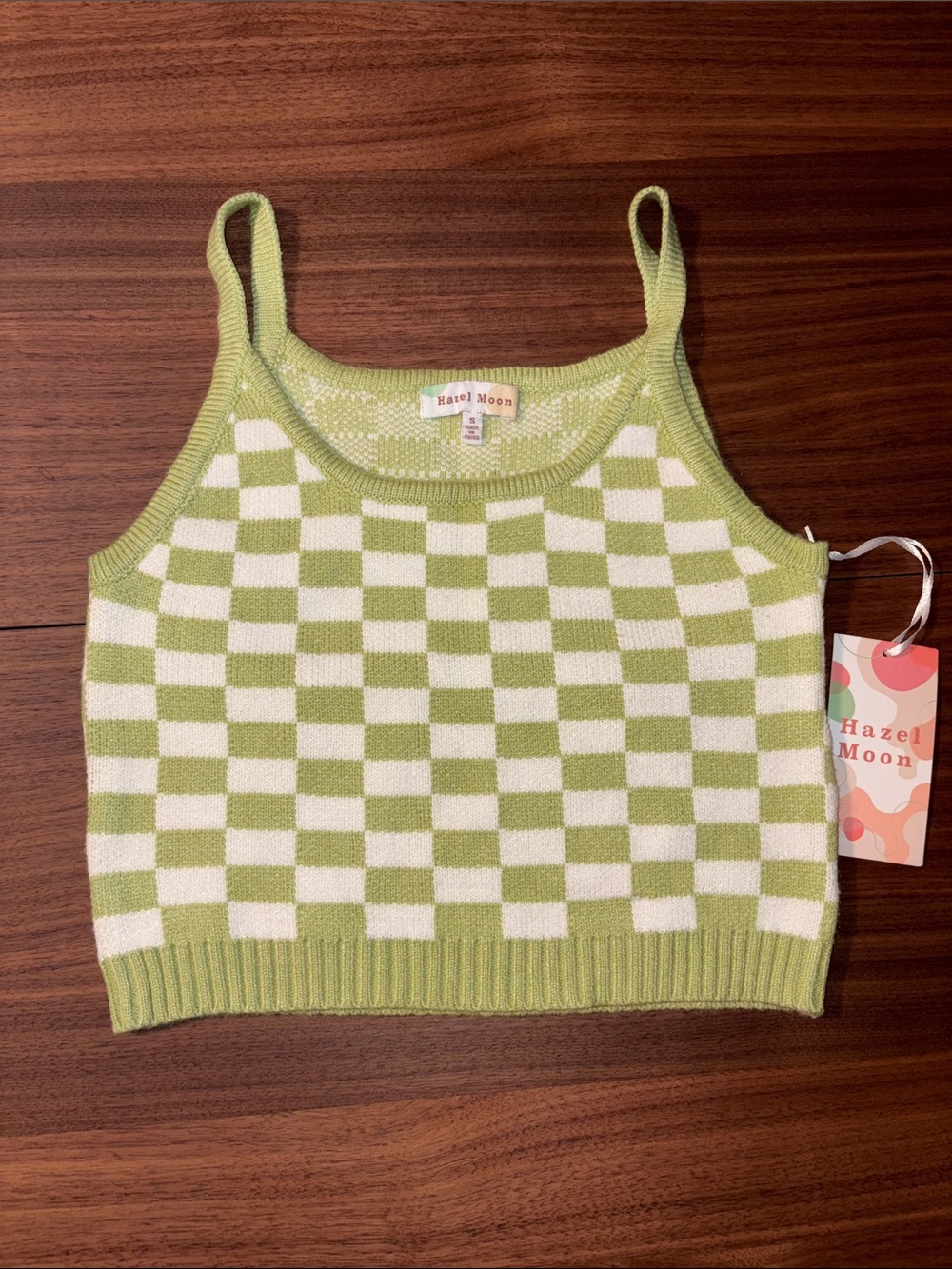 Hazel Moon Green & White Checkerboard Knit Crop Tank